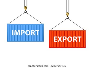 A port crane accepts two cargo containers with the words import and export on top. Cargo container. Cargo transport container hangs on a crane hook. Flat style. Import and export. Vector illustration