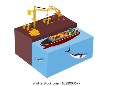 Port crane and bulk carrier isometric concept  vector illustration. Shipping theme.