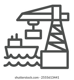 Port crane with container and ship line icon, marine port concept. Vector graphics. Cargo shipping, world sea delivery sign on white background, outline style icon for mobile or web design