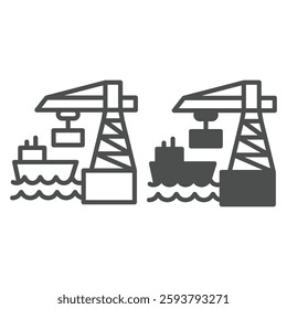 Port crane with container and ship line and solid icon, marine port concept. Vector graphics. Cargo shipping, world sea delivery sign on white background, outline style icon for mobile or web design