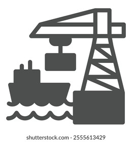 Port crane with container and ship solid icon, marine port concept. Vector graphics. Cargo shipping, world sea delivery sign on white background, glyph style icon for mobile or web design