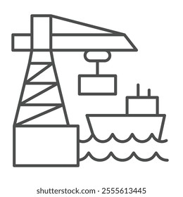 Port crane with container and ship thin line icon, marine port concept. Vector graphics. Cargo shipping, world sea delivery sign on white background, outline style icon for mobile or web design