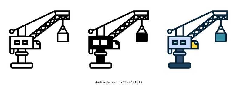 El ícono de grúa portuaria representa operaciones de elevación e industriales, ideal para Sitios web portuarios, blogs industriales y proyectos de ingeniería.