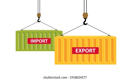 Port crane lift two cargo containers with words import and export. Concept of worldwide delivery by marine transport. Vector illustration isolated on white