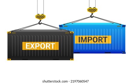 Port crane lift two cargo containers with import and export words