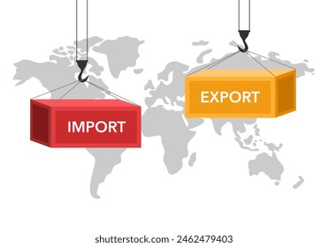 Port crane lift two cargo containers with import and export words on world map background.