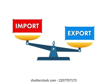 La grúa portuaria levanta dos contenedores rojos de carga con palabras de importación y exportación. Ilustración de material vectorial.