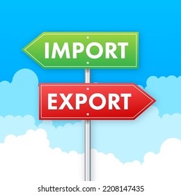 Port crane lift two red cargo containers with import and export words. Vector stock illustration.