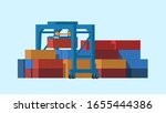 Port crane lifting up cargo container. Rows containers in the warehouse. Logistic import export business concept. Vector illustration. Flat/Cartoon style.