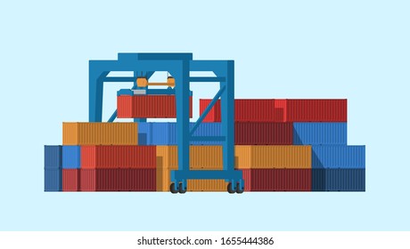 Port crane lifting up cargo container. Rows containers in the warehouse. Logistic import export business concept. Vector illustration. Flat/Cartoon style.