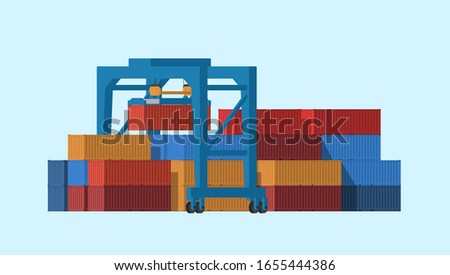 Port crane lifting up cargo container. Rows containers in the warehouse. Logistic import export business concept. Vector illustration. Flat/Cartoon style.