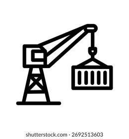 Ícone de linha de contêiner de elevação de guindaste de porto, doca simples e ilustração de vetor de logística