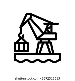 Icono de línea de contenedores de elevación de grúa portuaria, muelle simple y Ilustración vectorial logística