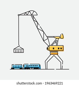 A port crane lifts a container from a railway platform