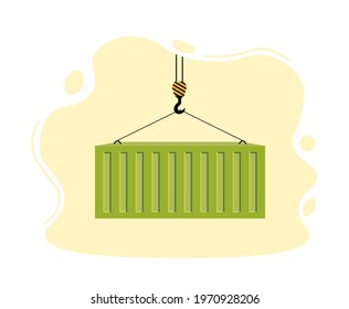 port crane lifts green container. concept of worldwide delivery by marine transport or goods distribution to world.  Vector illustration 