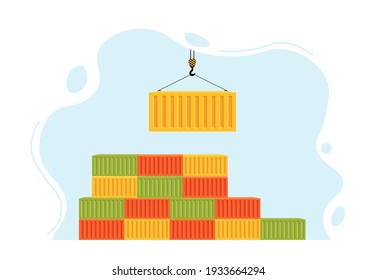 Port crane lifts yellow container. Lots of shipping containers. concept of worldwide delivery by marine transport or goods to world. Vector illustration in flat style. isolated on white background