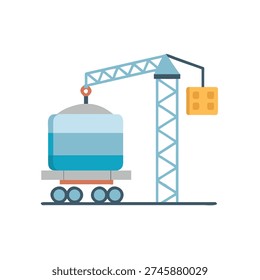Port crane loading heavy container, freight train logistics, industrial transport