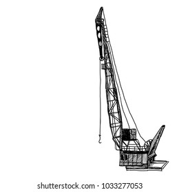 Port crane machinery Building Tower construction. Hand drawn sketch illustration. Black silhouette isolated on white backgraund. Vector