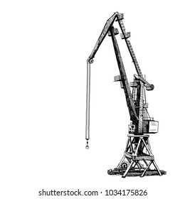 Port crane machinery Building Tower construction. Hand drawn sketch illustration. Black silhouette isolated on white backgraund. Vector