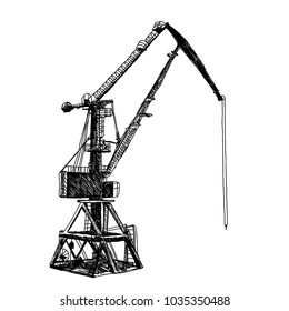 Port crane machinery Building Tower construction. Hand drawn sketch illustration. Black silhouette isolated on white backgraund. Vector