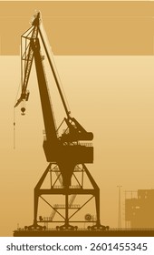 Port crane on the edge of the loading pier. Vector illustration. Sketch for creativity.