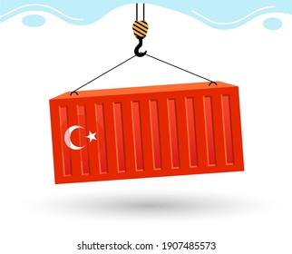 Port crane picks up cargo containers with flag of China. Red cargo in container lifts on winch. Unloading or loading cargo. Vector illustration