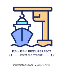 Port crane pixel perfect line color icon. Lifting machine loading cargo onto ship. Freight transportation in dock. Isolated vector illustration. Flat colorful symbol design. Editable stroke