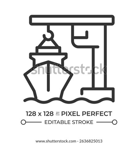 Port crane pixel perfect line icon. Lifting machine loading cargo onto ship. Freight transportation in dock. Isolated vector illustration. Outline symbol. Simple linear drawing. Editable stroke