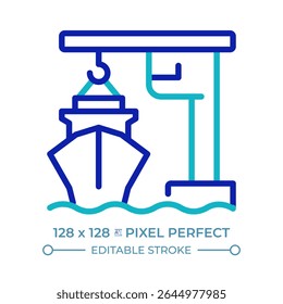 Port crane pixel perfect two color line icon. Lifting machine loading cargo onto ship. Freight transportation bicolor outline symbol. Duotone linear pictogram. Isolated illustration. Editable stroke