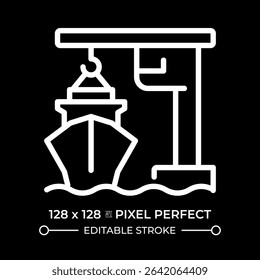 Port crane pixel perfect white line icon in negative space. Lifting machine loading cargo onto ship. Freight transportation in dock. Monochrome linear symbol on black background. Editable stroke
