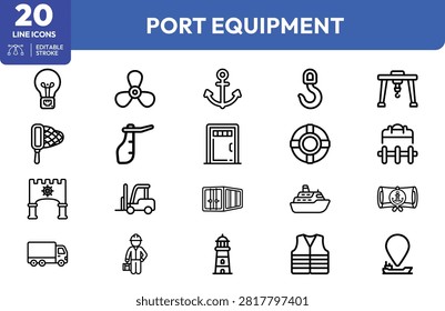 Port crane, ship, cargo container, lifebuoy, anchor, navigation buoy, dockside worker, lighthouse, safety vest, propeller, forklift, storage container, ship wheel, cargo hook, port gate, and harbor map for port management and shipping workflows.
