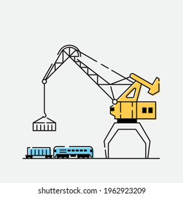 La grúa portuaria descarga el tren de carga. Ilustración vectorial. Los trazos se pueden editar