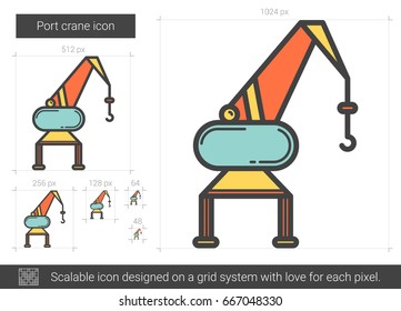 Icono de línea vectorial de grúa de puerto aislado en fondo blanco. Icono de línea de grúa de puerto para infografía, sitio web o aplicación. Icono escalable diseñado en un sistema de cuadrícula.