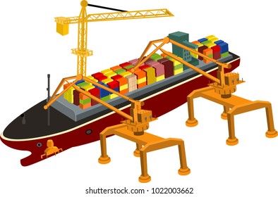 Port cranes and bulk carrier with containers isometric concept  vector illustration. Shipping theme.