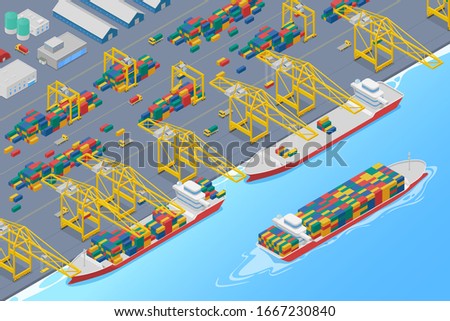 Port cranes in dock loading containers into cargo ship and unloading barge, shipping marine harbor warehouse isometric vector illustration