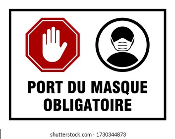 Port Du Masque Obligatoire ("It is Mandatory to Wear a Face Mask" in French) Warning Sign with a Red Stop Hand Icon and Wear a Face Mask Icon. Vector Image.
