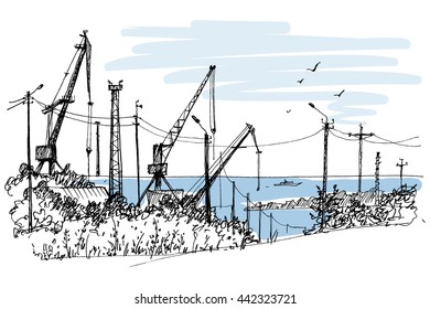 Port, harbor, shipyard. Cranes, ship loaders. Hand drawn sketch. Landscapes with views of the sea. Sevastopol, Crimea. Travels. Tourism.