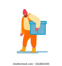 Port Harbor Worker In Orange Vest Carry Big Box Isolated On White Background Marine Dock Engineer Loading Cargo For Transportation Maritime Logistic Worldwide Shipping Cartoon Flat Vector Illustration