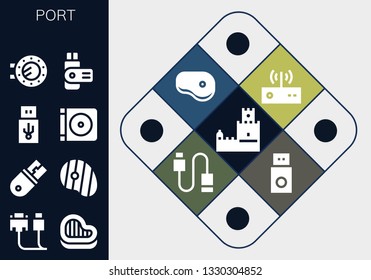 port icon set. 13 filled port icons.  Collection Of - Belem tower, Cable, Steak, Usb, Dvd, Porthole, Modem
