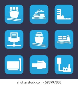 port icon. Set of 9 filled port icons such as cargo ship, harbor, phone cable