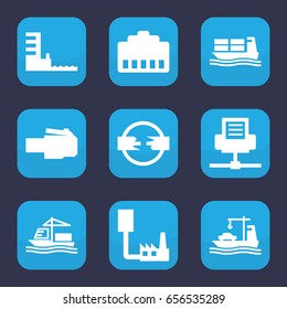Port icon. set of 9 filled port icons such as cargo ship, harbor, phone cable, phone connection cable