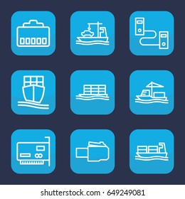 Port icon. set of 9 outline port icons such as cargo ship, phone cable, phone connection cable