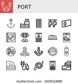 Port Icon Set. Collection Of Data Cable, Anchor, Belem Tower, Sticks, Steak, Portugal, Dvd, Bollard, Tenderloin, Boat Porthole, Usb, Algarve, Jack Connector Icons