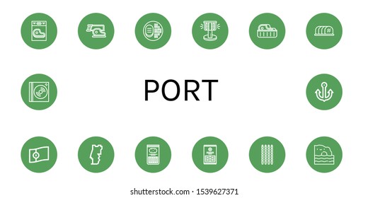 port icon set. Collection of Steak, Bollard, Tenderloin, Portugal, Sticks, Algarve, Dvd, Anchor icons