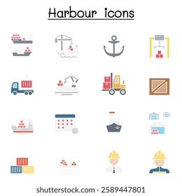 Port icon set in flat color style