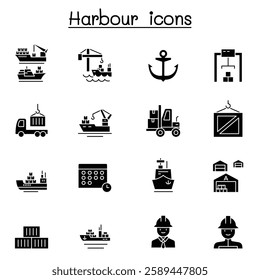 Port icon set in glyph style