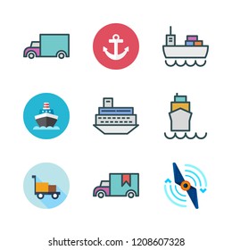 port icon set. vector set about cargo truck, anchor, propeller and transportation icons set.