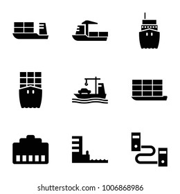 Port icons. set of 9 editable filled port icons such as cargo ship, phone cable, cable