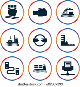 Port icons set. set of 9 port filled icons such as cargo ship, harbor, phone cable, phone connection cable