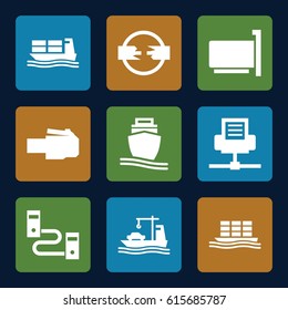 Port icons set. set of 9 port filled icons such as cargo ship, phone cable, phone connection cable